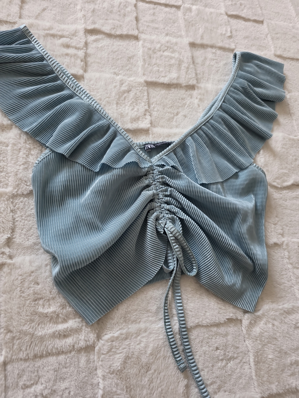 Zara Teal Ruffle-Trim Drawstring Crop Top - Picture 3 of 5